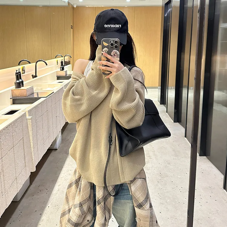 番茄妹妹Tomatosister大V领长袖针织毛衣女宽松慵懒长袖外套上衣