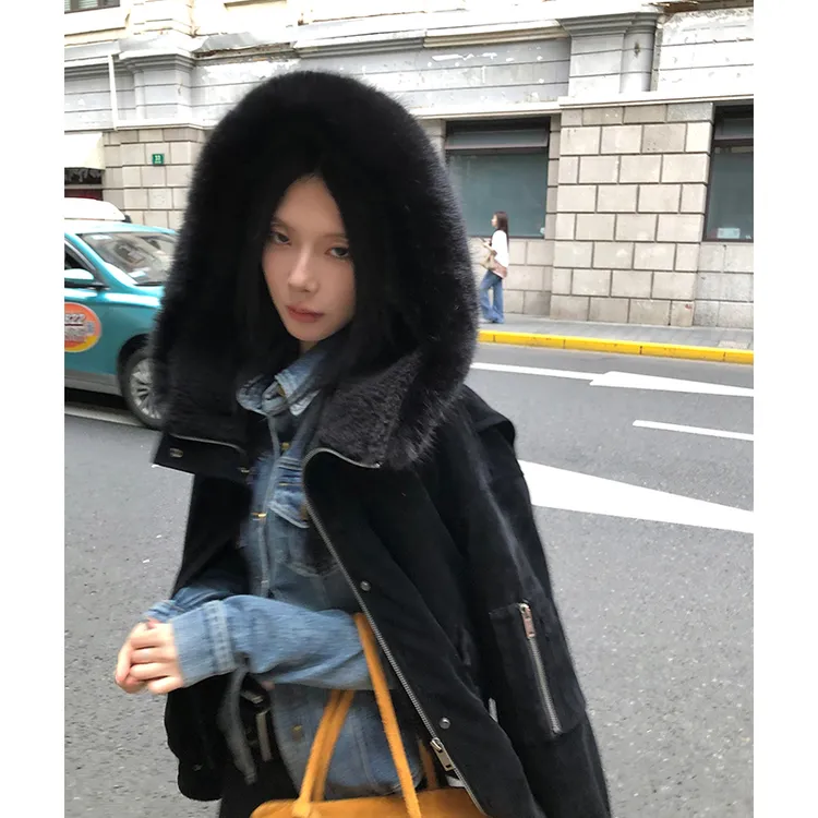 番茄妹妹Tomatosister超厚可拆卸毛领外套冬加绒复古百搭夹克上衣