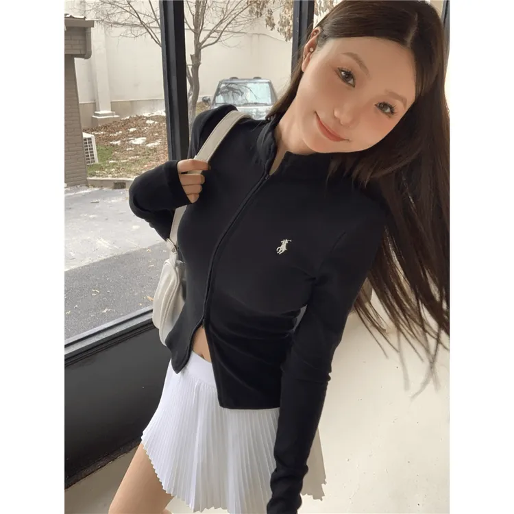 2025秋款百搭辣妹双拉链立领坑条针织开衫修身显瘦外穿短款上衣女