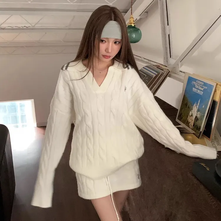 番茄妹妹Tomatosister慵懒风麻花polo领宽松长袖毛衣休闲裙套装女