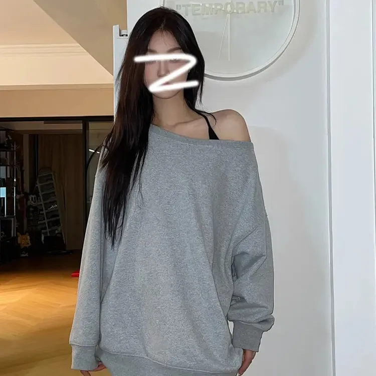 美式百搭纯色露肩斜肩卫衣女2024秋款软糯卫衣两穿一字肩宽松上衣