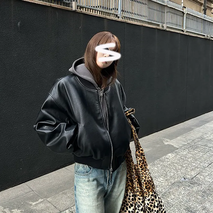 韩国chic秋冬小众复古拉链双口袋休闲宽松百搭PU皮皮衣外套女