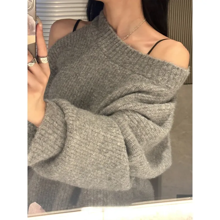 番茄妹妹Tomatosister冬季百搭宽松慵懒风显瘦露肩设计感毛衣女