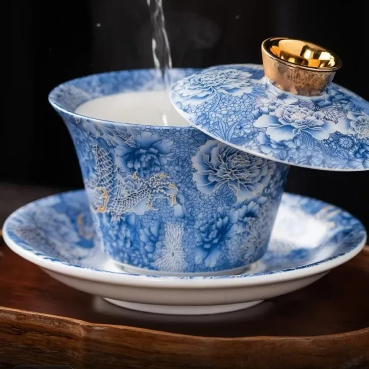 陶瓷掐丝银龙可悬停三才盖碗中式陶瓷描金茶盖碗