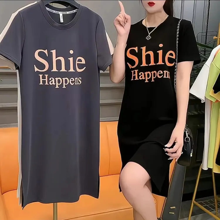 夏季新款时尚休闲百搭显瘦女装黄字母连衣裙