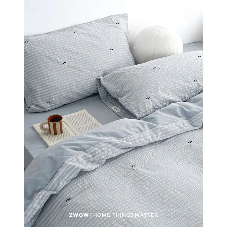 造卧zwow原创设计小众北欧海鸥刺绣蓝灰条纹泡泡纱100全棉四件套