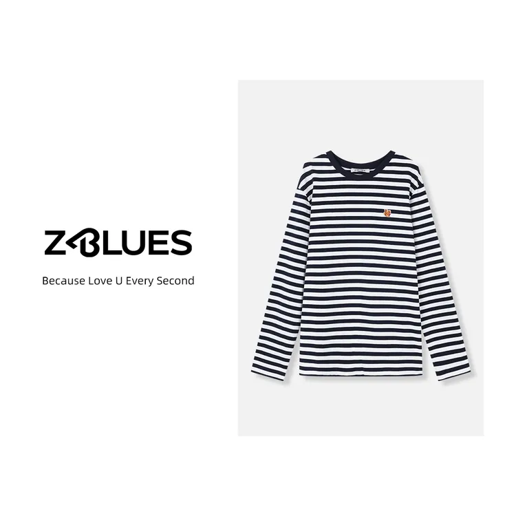 Z.blues【条纹呓语】懮质棉混纺条纹刺绣徽章长袖T恤衫YZXSJ7140