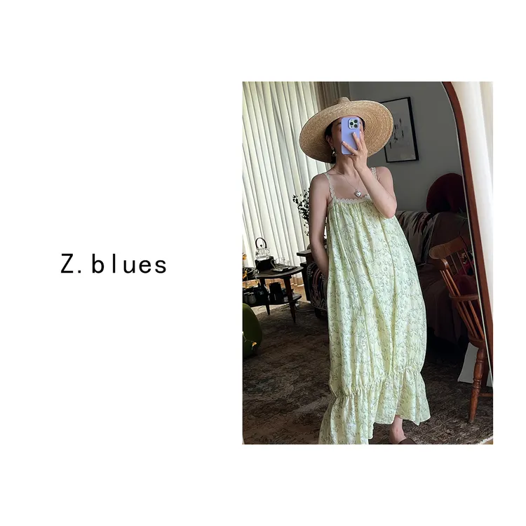 Z.blues【淑气催黄鸟】清新度假风印花抹胸吊带连衣裙子YZXSJ4156