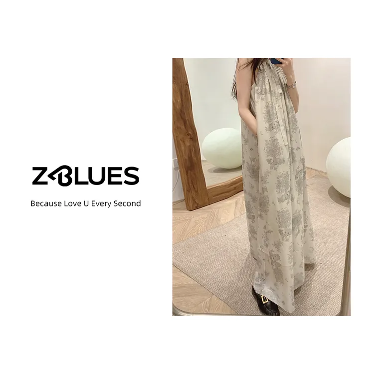 Z.blues【庄园植物】灰绿色印花挂脖式吊带连衣裙YZSS98G9
