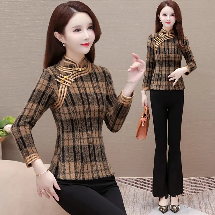 中式改良修身旗袍上衣女秋冬2025年新款加厚磨毛格纹优雅妈妈衬衫