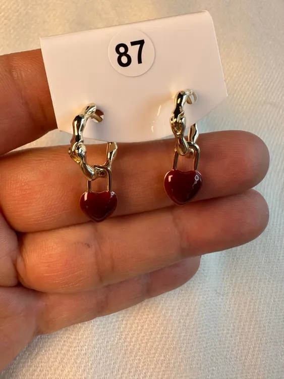 铜合金耳饰 秋冬复古红色爱心锁耳环一款两戴可拆卸新款新潮耳环