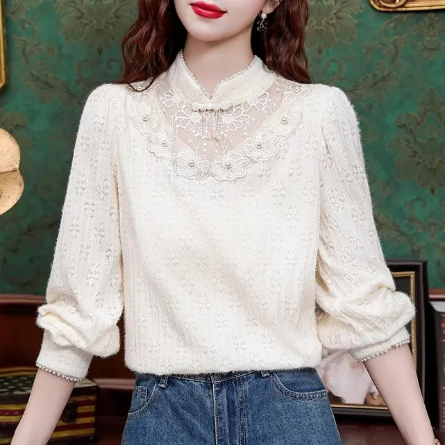 新中式立领长袖蕾丝打底衫秋冬新款复古别致加绒加厚内搭上衣洋气
