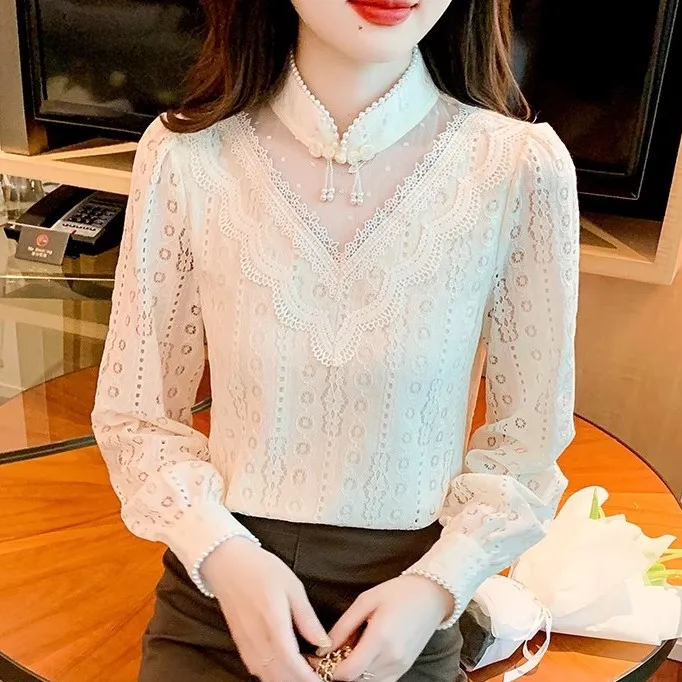 加绒加厚蕾丝打底衫女冬季内搭长袖小衫新款国风改良旗袍洋气上衣