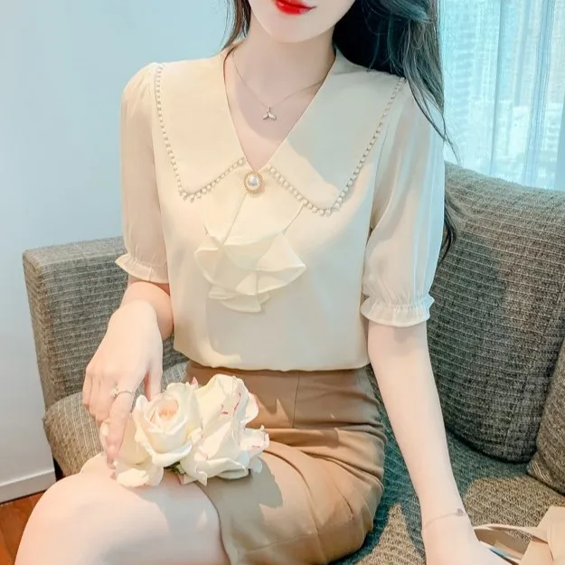 大码雪纺衬衫短袖女2025年新款夏季别致漂亮小衫遮肚子娃娃领上衣