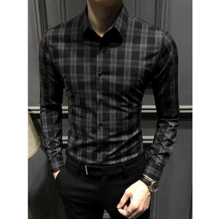 高级感格子衬衫男长袖秋季帅气百搭休闲衬衣潮流商务免烫修身男装
