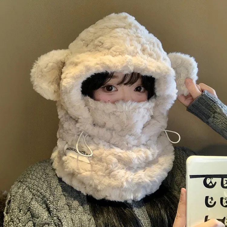 小熊卡通可爱帽子加厚防寒保暖帽子女秋冬百搭毛绒帽骑行防风韩版