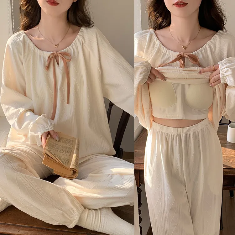 自带胸垫睡衣女套装春秋大码长袖宽松公主风秋冬季甜美网红家居服