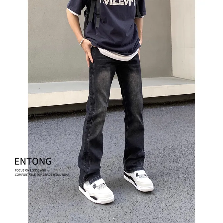 Entong美式潮牌黑色牛仔裤男款大码修身微喇弹力裤子高街百搭男裤