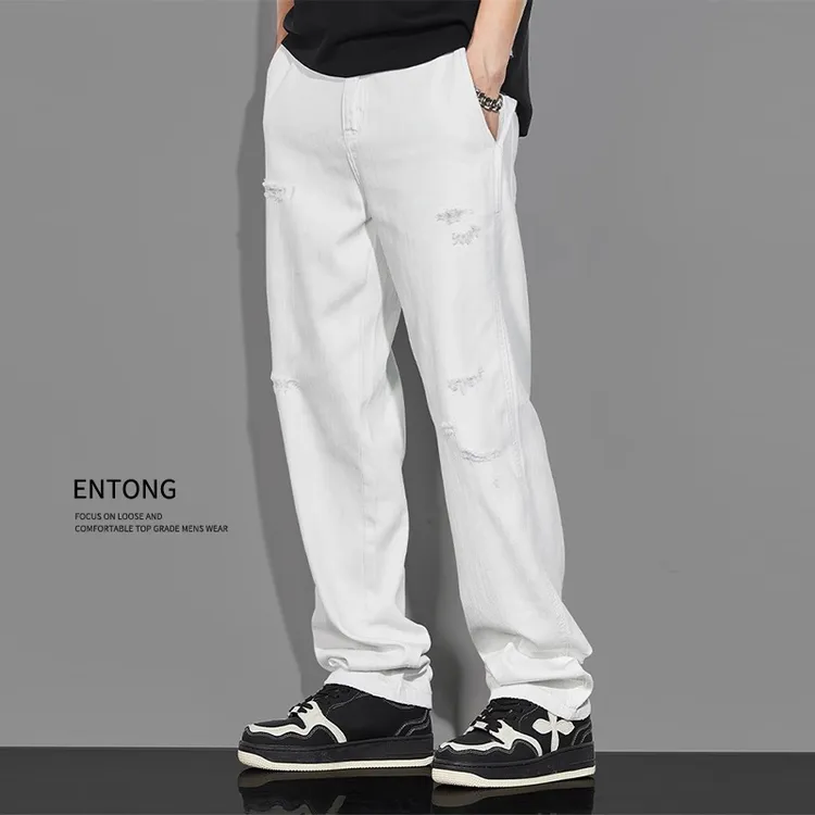 Entong白色破洞牛仔裤男款ins潮牌刮烂个性潮流宽松阔腿休闲裤子