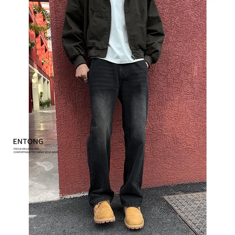 Entong美式复古做旧黑色cleanfit微喇牛仔裤男痞帅百搭宽松直筒裤