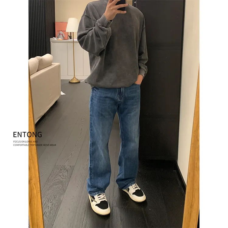 Entong复古蓝色牛仔裤男大码做旧美式复古阔腿裤宽松微喇vibe裤子