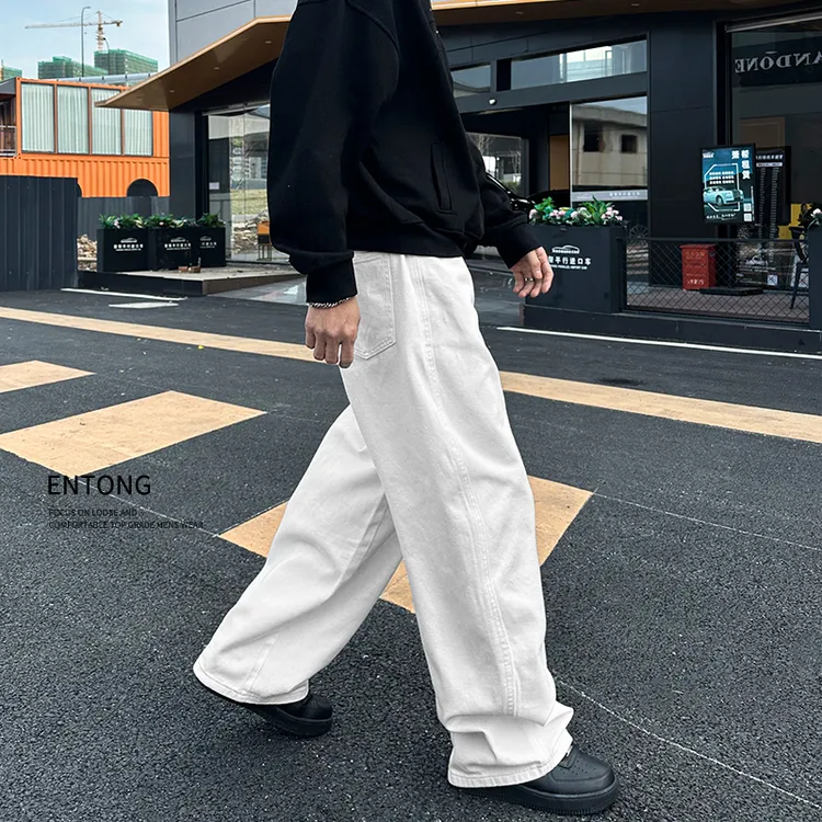 cleanfit垂感白色直筒牛仔裤男美式复古水洗宽松休闲阔腿拖地长裤