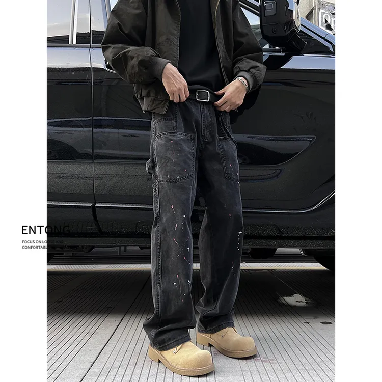 Entong街头潮流泼墨工装牛仔裤男款大码美式vibe宽松直筒休闲裤子