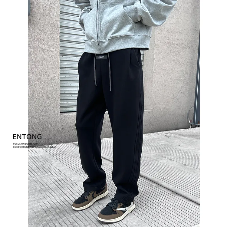 Entong美式潮牌三条杠设计感休闲卫裤男生大码百搭宽松直筒运动裤