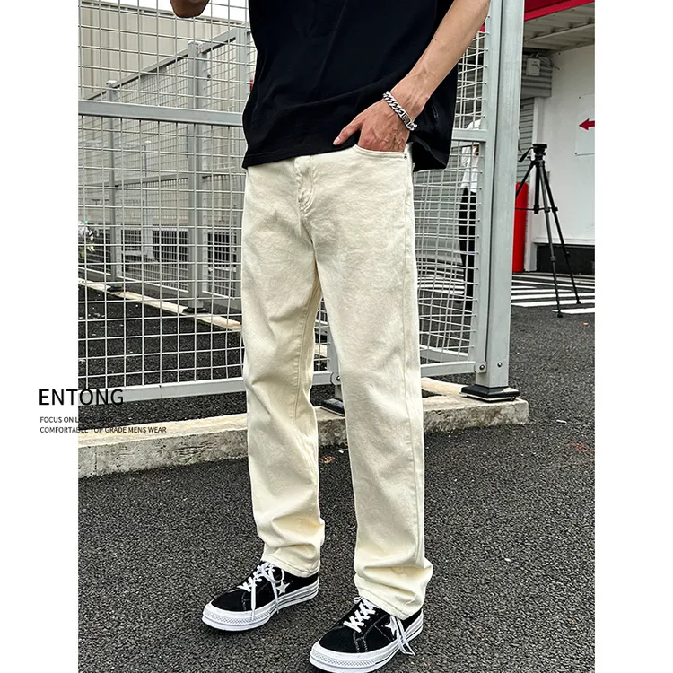 Entong杏色牛仔裤男美式高街水洗大码直筒裤cleanfit修身显瘦裤子