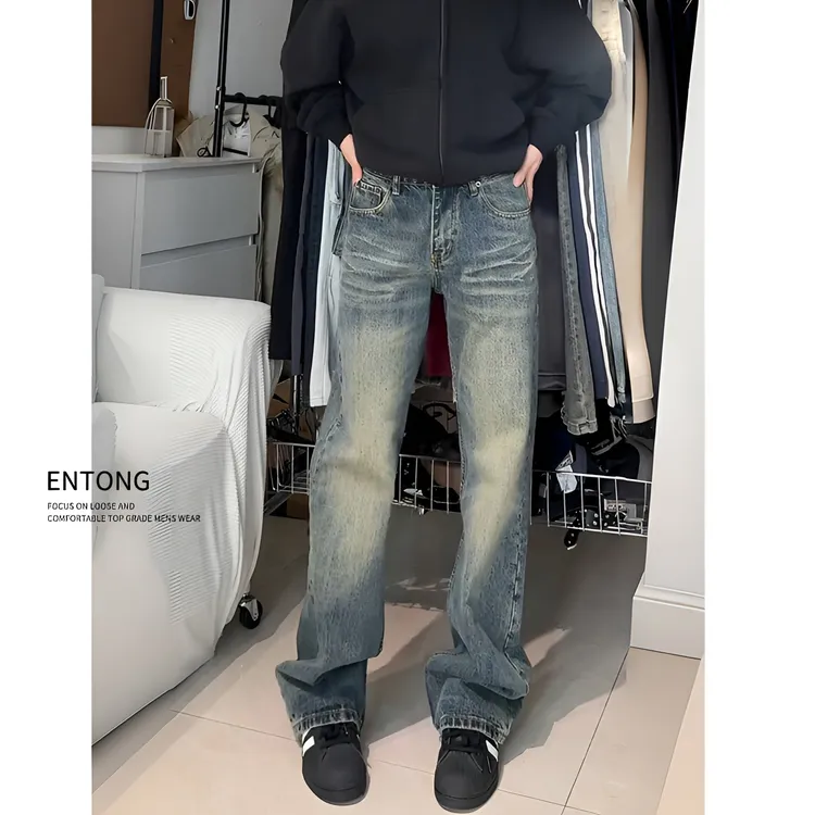 Cleanfit做旧美式复古宽松微喇叭牛仔裤男款春秋款新款高街男裤子