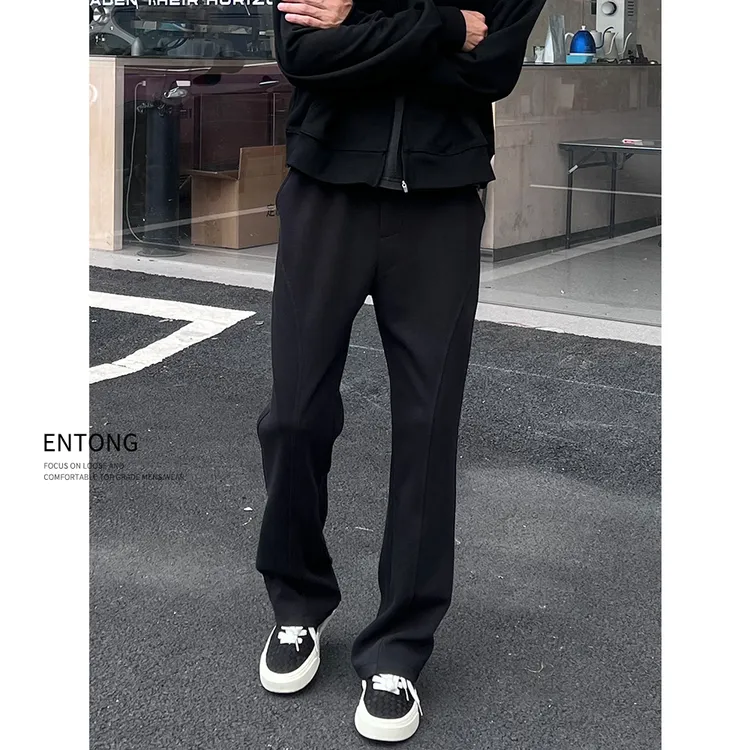 Entong美式cleanfit斜切休闲裤男款百搭潮牌黑色直筒宽松运动卫裤