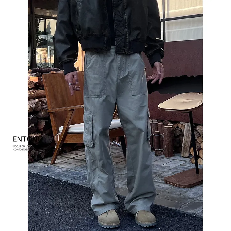 Entong美式街头灰杏色工装裤男复古大口袋设计百搭宽松直筒牛仔裤