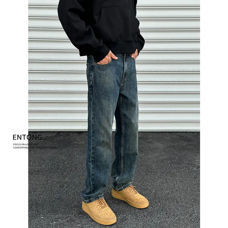 Entong美式高端潮牌复古牛仔裤男款2024新款宽松直筒潮流阔腿裤子