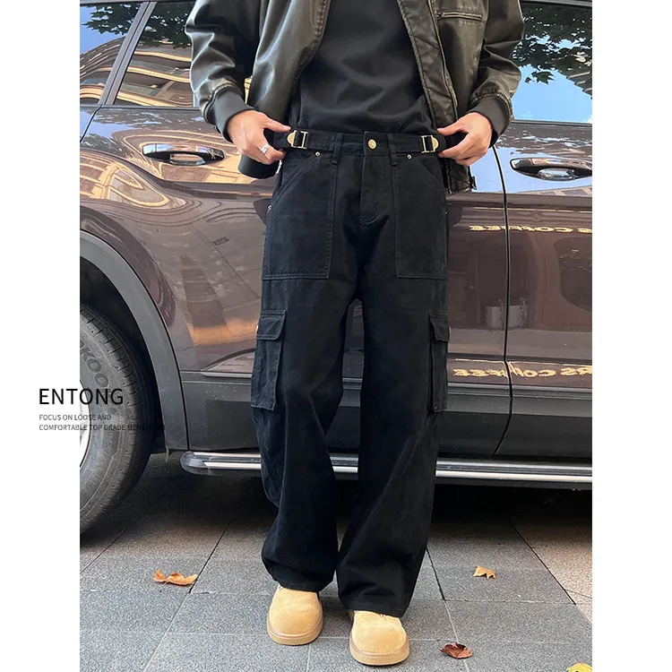 Entong美式复古工装牛仔裤男日系街头多口袋百搭宽松直筒休闲长裤
