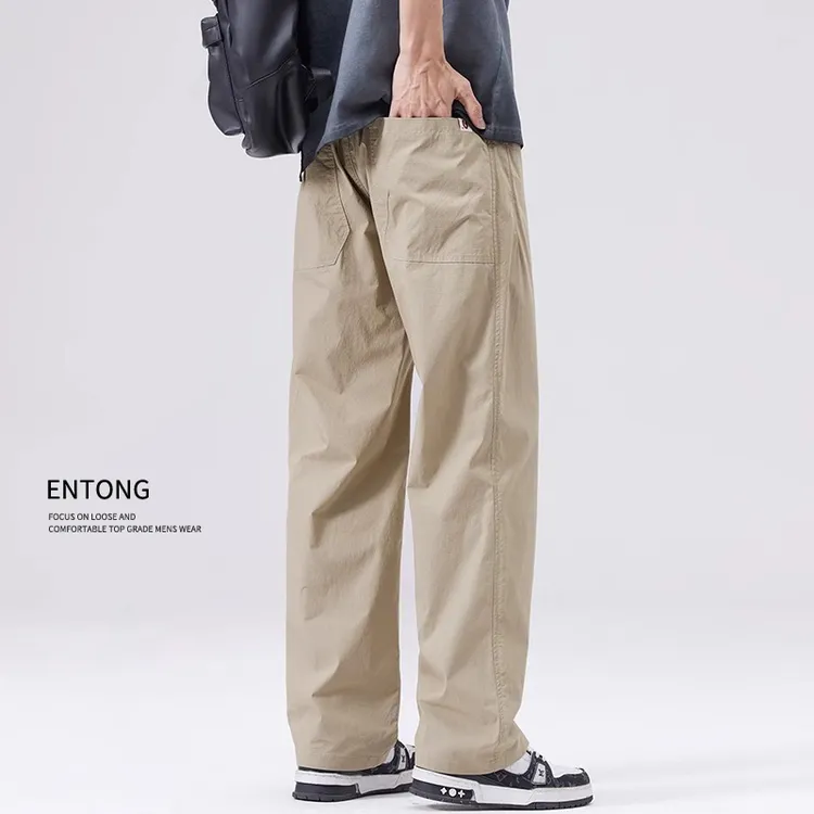 Entong卡其色休闲裤男薄款直筒裤2025夏季速干男士宽松大码长裤子