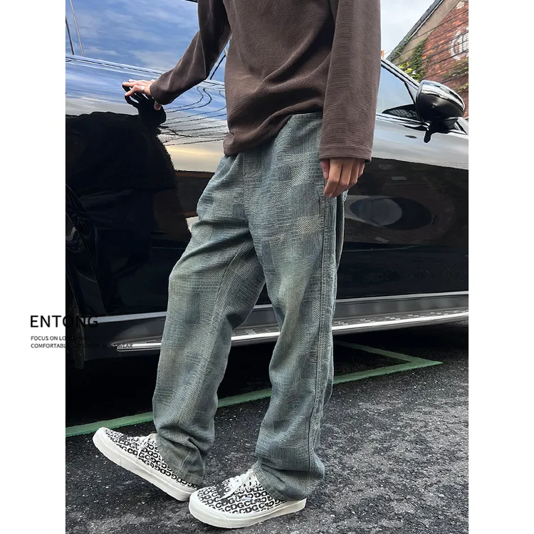Entong美式高街马赛克棋盘格牛仔裤男潮牌痞帅男裤宽松潮流阔腿裤