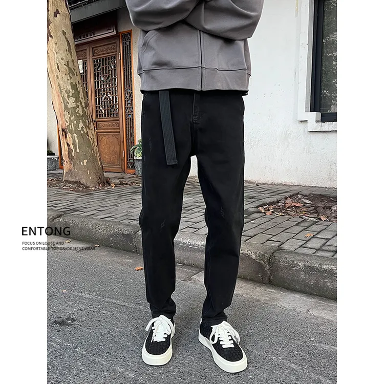 Entong美式高街vibe黑色牛仔裤男款百搭痞帅微弹力显瘦修身裤子潮