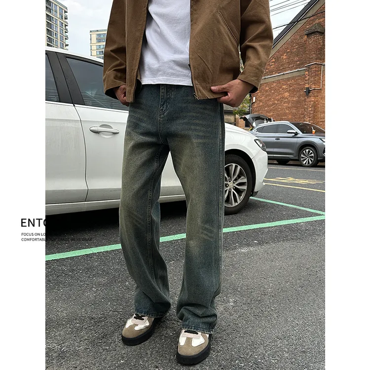 Entong美式复古蓝牛仔裤男宽松休闲直筒拖地长裤百搭阔腿微喇裤子