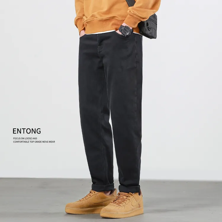 2025新款黑色牛仔裤男款宽松直筒简约潮流休闲大码弹力潮牌裤子男