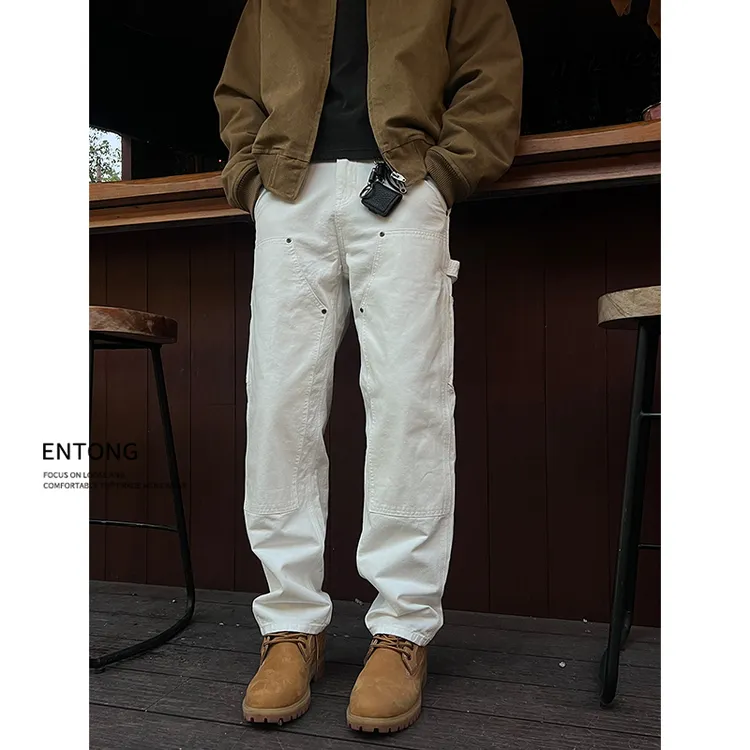 Entong美式复古双膝铆钉伐木牛仔裤男士春秋直筒宽松休闲工装长裤