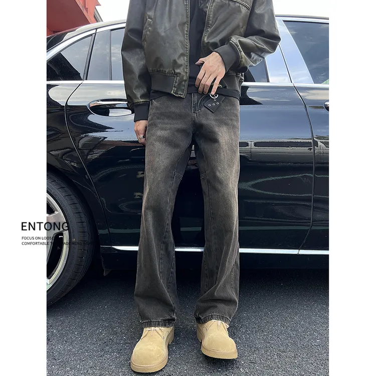 Entong美式潮牌高街做旧黑色微喇牛仔裤男款大码百搭显瘦vibe裤子