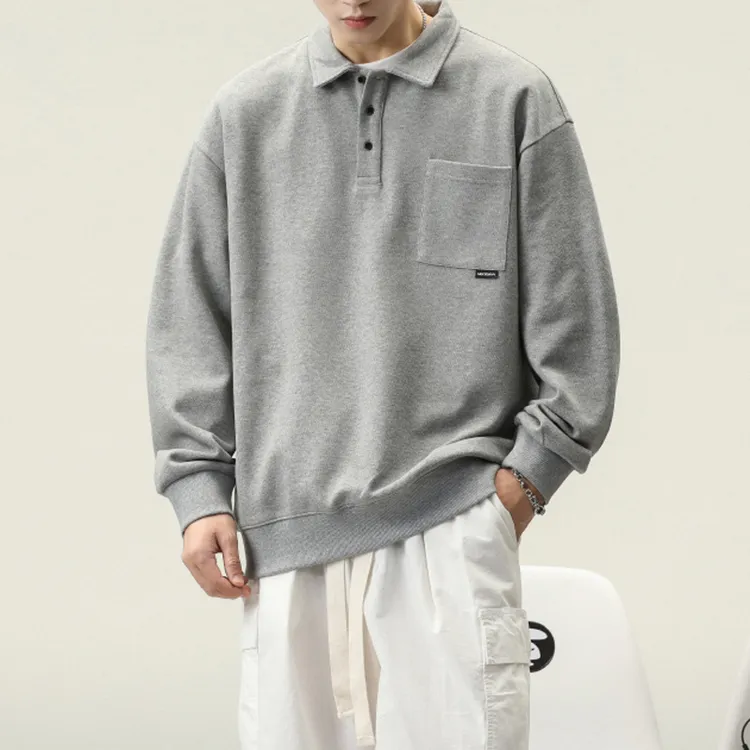 2023春季新款重磅灰色POLO衫卫衣男女春秋日系翻领上衣长袖外套