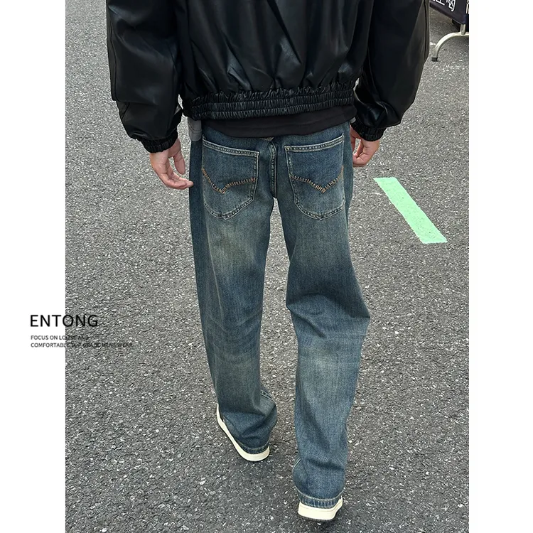 Entong高端潮牌复古水洗牛仔裤男直筒百搭宽松猫须纹阔腿休闲裤子