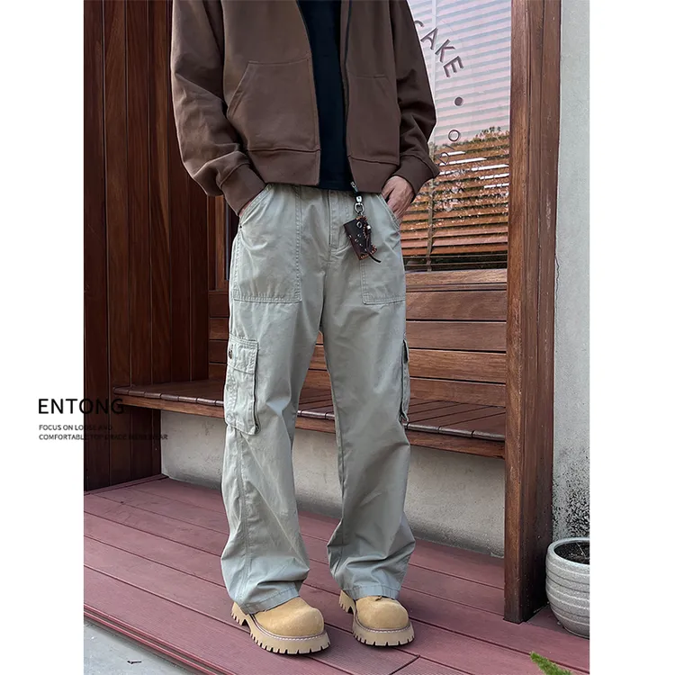 Entong美式复古水洗直筒多口袋宽松工装裤男女街头做旧休闲长裤潮
