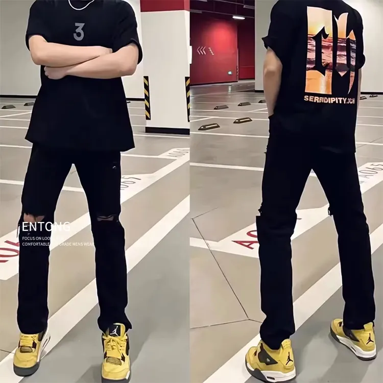 Entong黑色破洞牛仔裤男款新款潮流小直脚百搭显瘦弹力休闲长裤子