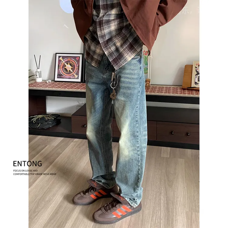 Entong做旧水洗vintage直筒牛仔裤男款美式复古百搭宽松休闲裤子