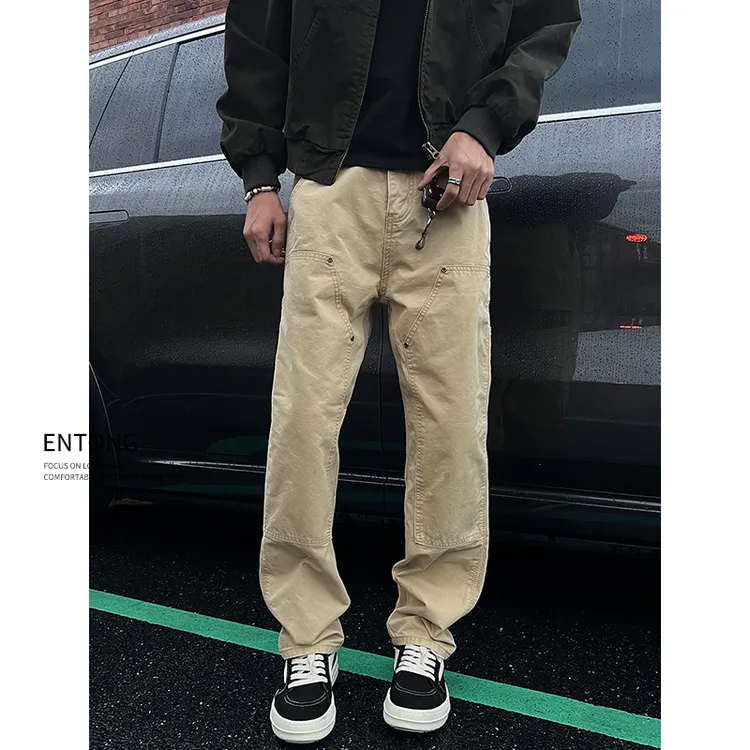 Entong复古做旧双膝铆钉伐木工装裤男日系街头大码直筒休闲牛仔裤