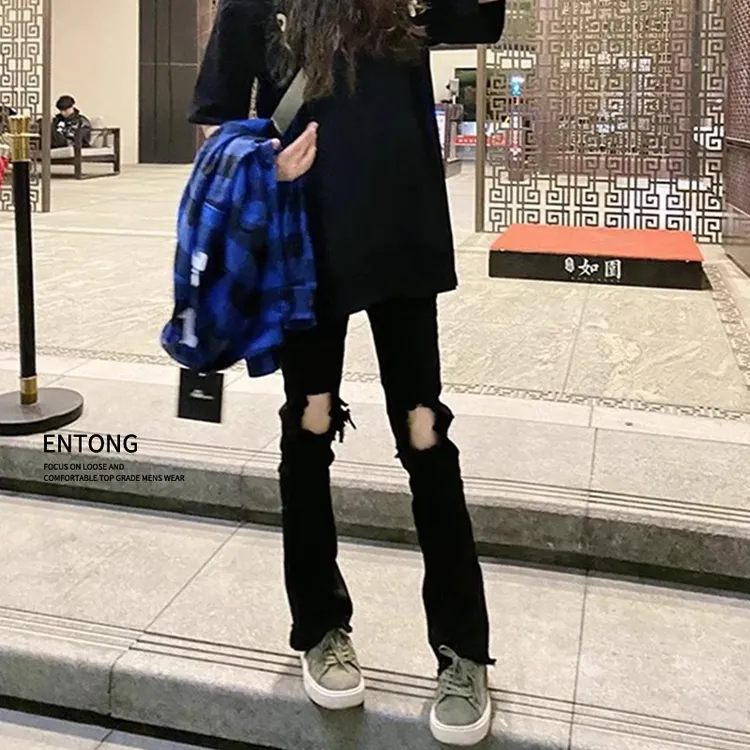 Entong美式vibe裤子高街潮牌黑色破洞牛仔裤男款大码修身直筒长裤