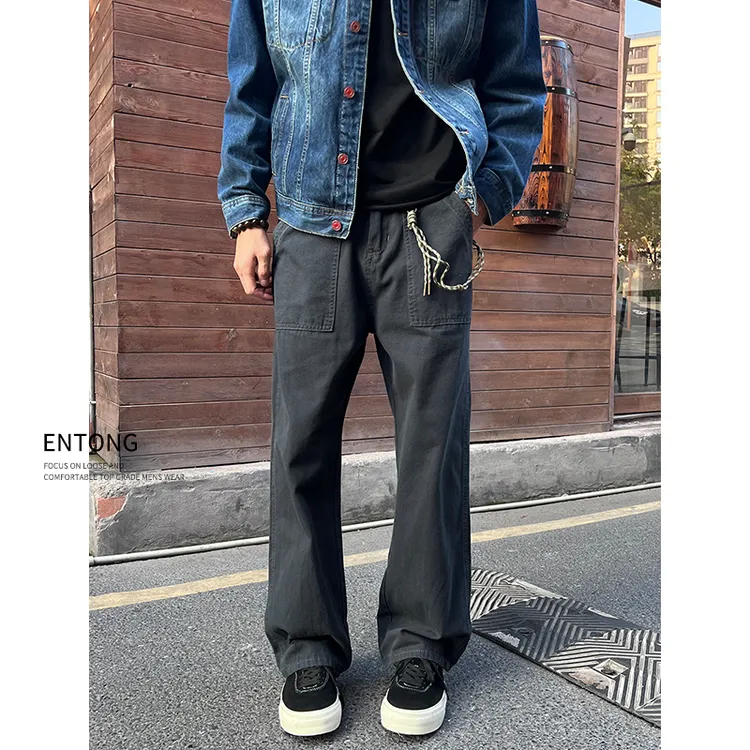 Entong美式复古直筒工装裤男生vintage宽松日系大码休闲微喇长裤