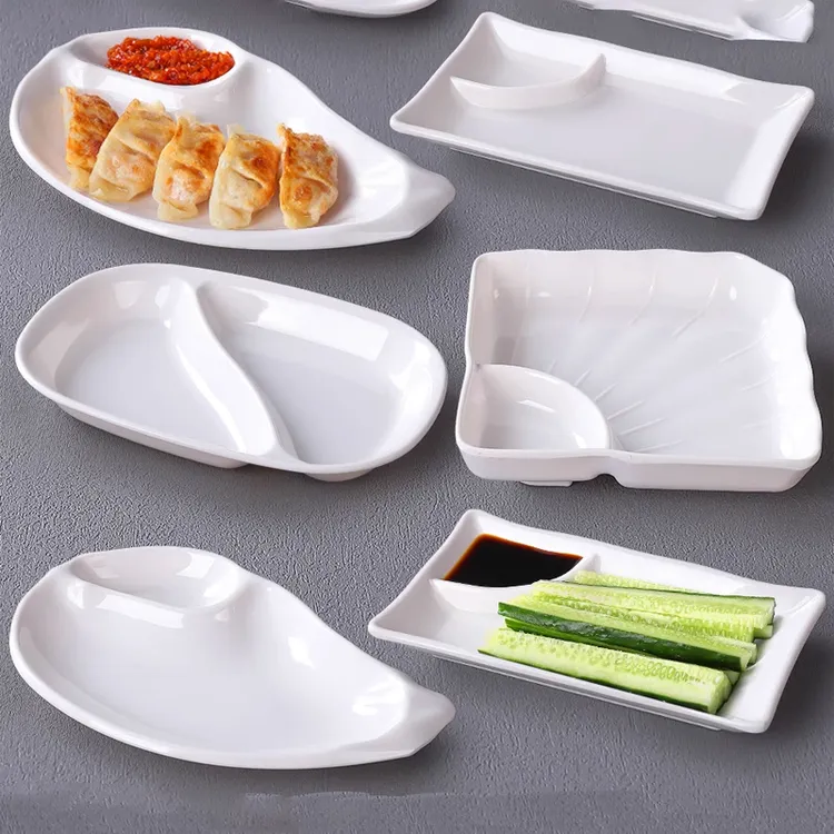 密胺盘子小吃盘带醋碟水饺加厚商用饭厅盘子薯条盘分格仿瓷餐盘